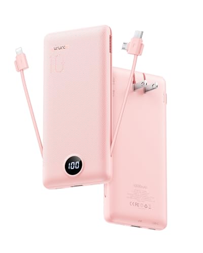 VRURC Portable Charger 10000mAh, Slim Portable Charger with Wall Plug, 22.5W USB Port Fast Charging Power Bank with Cables, 4 Outputs 2 Inputs Travel Essentials Battery for Smartphones-White (1 Pack)