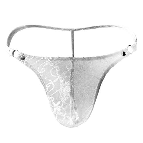 JFAN Männer Tanga Slips Herrentanga aus Spitze mit Blumendruck Mini-String Unterwäsche Weiß