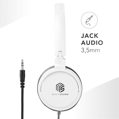 Music Sound | Headband con Cable Basic | Audífonos Auriculares Stereo Supraaurales Diadema Expandibles con Jack 3.5 mm y Micrófono - Plegable - Color Blanco - imagen 3