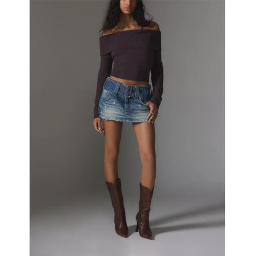 Women Casual Solid Sweater Top Long Sleeve Off Shoulder Ribbed Knit Cropped Shirt Fairy Grunge Fall Y2K Streetwear4
