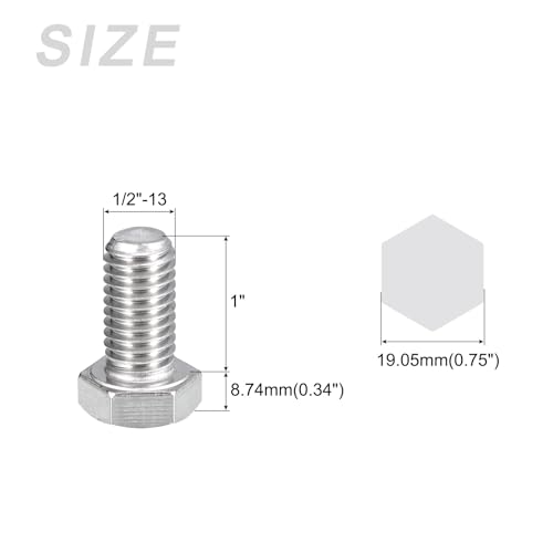 Image of METALLIXITY Hex Head Bolts (1 /2-13 x 1) 5Pcs, 304 Stainless Steel 18-8, Fully Threaded, External Hex Drive, Plain Finish, Silver