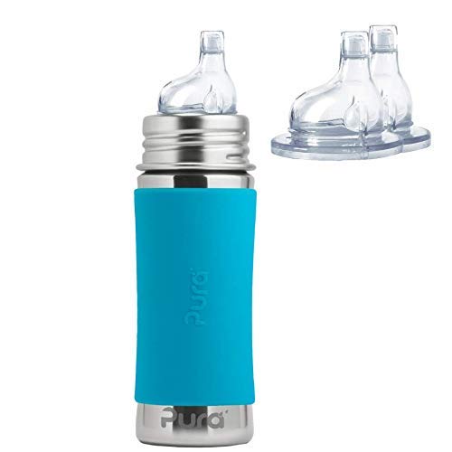 Pura Kiki 11 Oz / 325Ml Stainless Steel Sippy Cup Bundle W/ 2 Pack Of Silicone Xl Sipper Spouts & Sleeve, Aqua (Plastic Free, Nontoxic Certified, Bpa Free) #TOP17