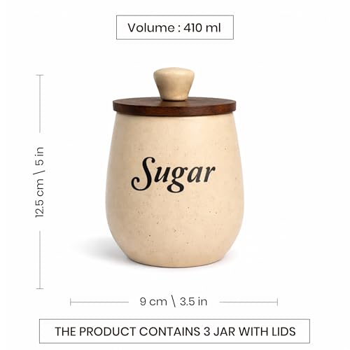 Image of Ceramic Tea Sugar Salt Containers Set of 3 with Wooden Lids | Jar & Container for Kitchen Storage Set | Multi Utility Air Tight Kitchen Organizer Items (Hand-Painted, 410 ML)