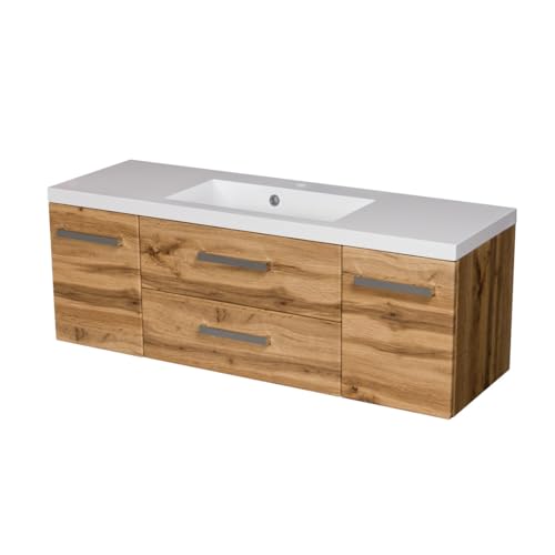 Quentis Badmöbel Genua 120 cm, Waschbecken und Unterschrank, Eiche Natur, Waschtischunterschrank montiert