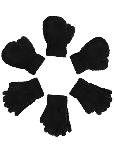 SATINIOR 6 Pairs Toddler Knitted Gloves Kids Winter Warm Stretchy Mittens Soft Lightweight Mittens for Boys and Girls(for 1-3 Years Old,Black)