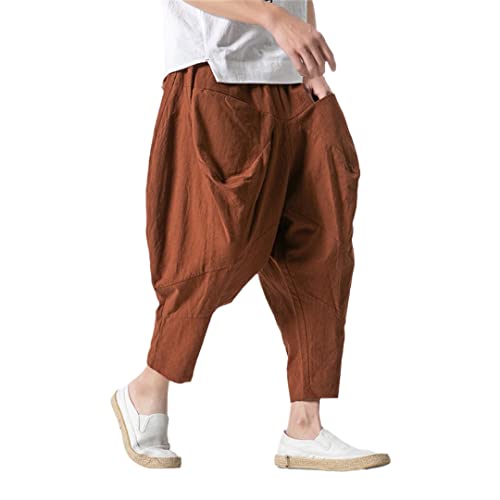 Alloaone Mens Wide Crotch Harem Pants Chinese Style Ankle-Length Pants Male Wide-Legged Bloomers Trousers
