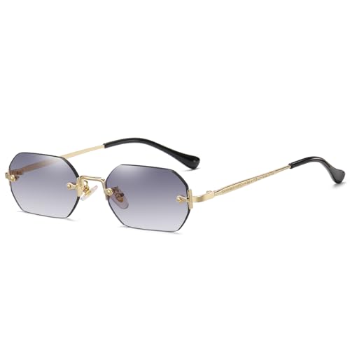 Rimless Rectangle Sunglasses Men Women Metal Small Gold Polygon Blue Shades UV400 Frameless Sun Glasses