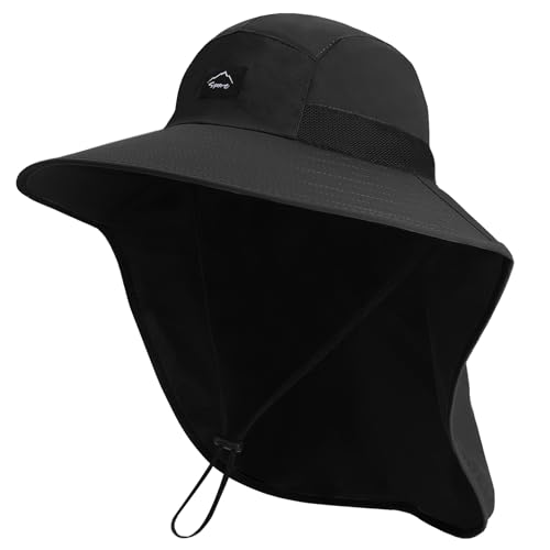 Image of Rosoz Outdoor Sun Hat for Men Women, UPF50+ Protection Safari Cap Wide Brim Mesh Fishing Hat with Neck Flap Beach Garden