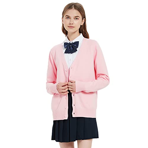 Image of Blostirno Women's Cardigan School Uniform Sweater Cardigans V-Neck Long Sleeve Button Down Knit with Pockets