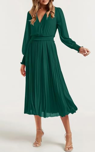PRETTYGARDEN Womens Wrap V Neck Fall Dresses Wedding Guest Casual Pleated Long Sleeve Midi Dress Ruffle Smocked Long Dress2