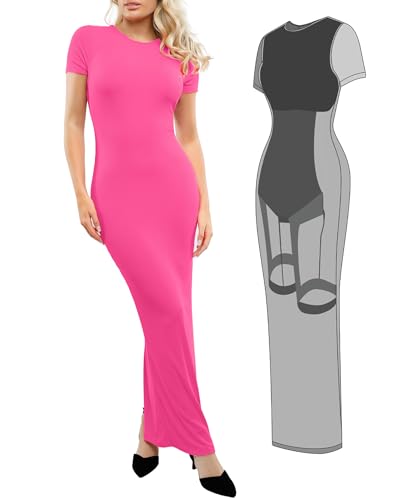 Image of Popilush Shaperwear Dress Built-in Bra Women's Casual Lounge Dress with Zipper Short Sleeve Mock Neck Bodycon Dresses