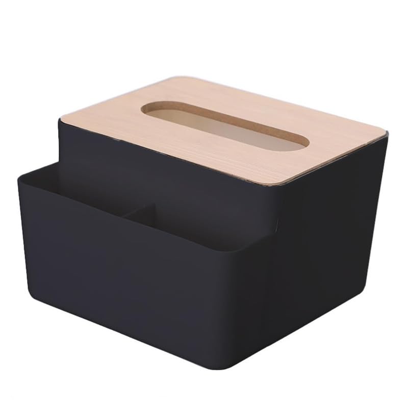 Tissue Box Holder with Bamboo Cover and Side Storage Compartment for Remote Phone Pen Desk Organizer for Home Office Living Room 15x14x10 cm Black-image-25
