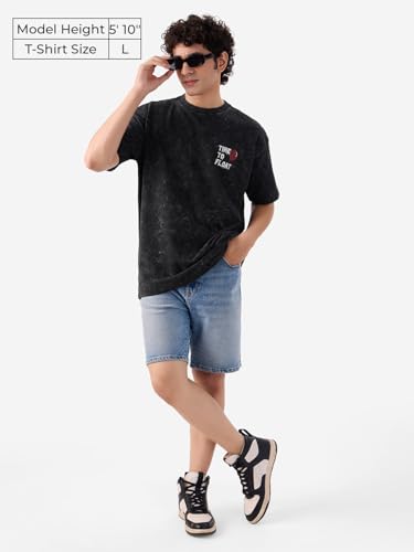 Image of The Souled Store Official Pennywise: Time to Float Men and Boys Short Sleeve Round Neck Grey Graphic Printed Cotton Oversized T-Shirts