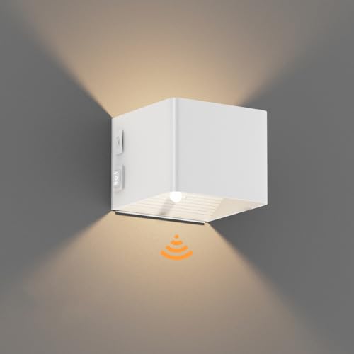 Coinmit Lampada da parete a batteria LED con sensore di movimento, applique senza fili 3000K, lampada da parete ricaricabile 5500mAh, lampada da parete per interni per corridoio. Bianco