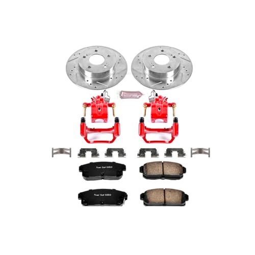 Image of PowerStop Rear Brake Kit for INFINITI I30 2001 |I35 2002-04 |Nissan Maxima 2001-03 - Carbon-Fiber Ceramic Brake Pads + Drilled & Slotted Rotors + Red Powder Coated Calipers, KC1169