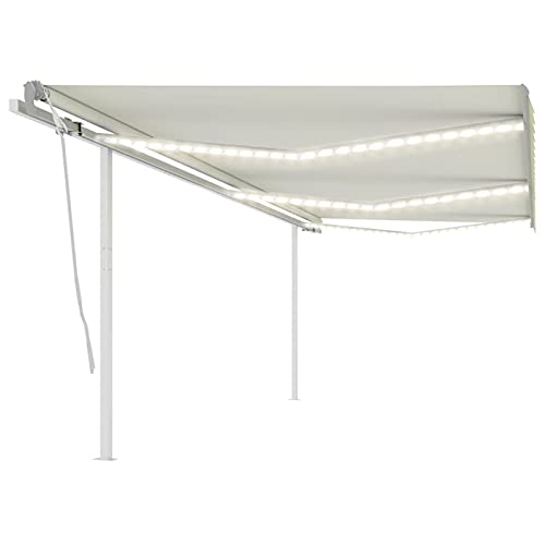 Homgoday Tenda da sole retrattile con braccio articolato a LED, tenda da sole da balcone, tenda da sole retrattile, a parete, per terrazze, 6 x 3 m, colore bianco crema