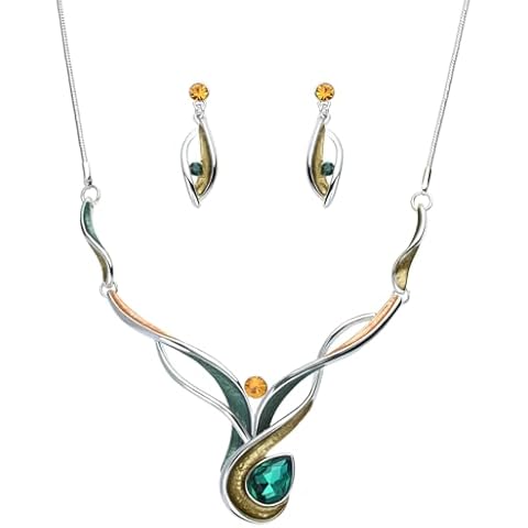 Fenni Jewelry Vintage Women's Costume Statement Necklace Earrings Jewelry Set for Prom Wedding Party (Green Heart) Cover