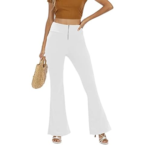WSPLYSPJY High Waist Flared Pants for Women Zipper Front Bell Bottom Leggings Flowy Palazzo Pants White S Cover