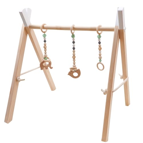 Image of Wooden Baby Gym with 3 Baby Sensory Toys Foldable Baby Play Activity Gym Frame Hanging Bar Newborn Gift