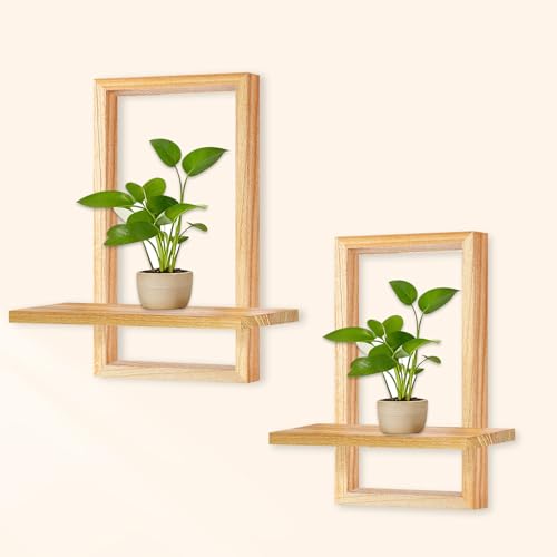 YiYa 2 Pièces Étagères Flottantes en Bois Solide Bohème Moderne - Suspension Chic pour Plantes Photos Cadres, Décoration Murale Élégante pour Salon...