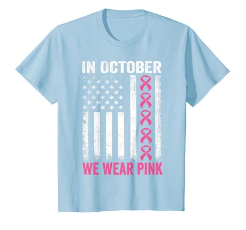 in October we Wear Pink Us Flag Breast Cancer Awareness T-Shirt, Youth, Baby Blue, Large