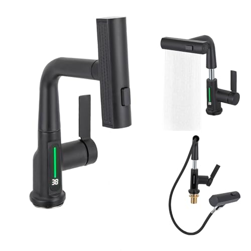Robinet de cuisine cascade - Extensible - Affichage de la température LED - Avec douchette - Mitigeur réglable en hauteur - Pivotant à 360° - Noir