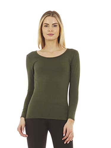 Thermajane Women's Ultra Soft Scoop Neck Thermal Underwear Shirt Long Johns Top with Fleece Lined (Olive Green, L)