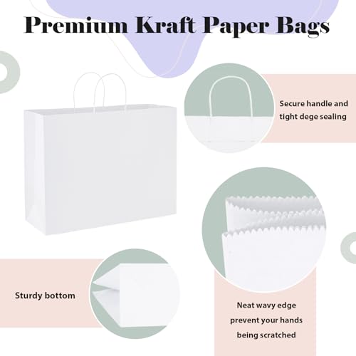 GSSUSA Large Paper Gift Bags 16x6x12\'\' 25Pcs White Paper Bags with Handles, Paper Shopping Bags for Small Business, Sturdy Kraft Paper Bags, Shopping Bags for Boutique, Party Favor Bags, Craft Bags
