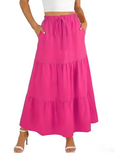 Image of WERFORU Women's Skirts Elastic High Waist Long Skirt with Pockets Elegant Maxi Skirt for Women A-Line High Waist Boho Skirts Rose Pink