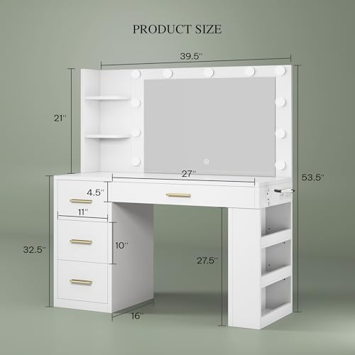 DWVO Makeup Vanity Desk with Mirror & Lights, 40inch Vanity Table with Power Outlets, 4 Drawers & 6 Open Storage Shelves, 3 Color Modes & Adjustable Brightness Dressing Table for Bedroom, White