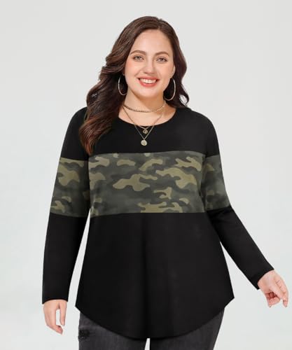 Image of CARCOS Plus Size Tops for Women Color Block Flower /Striped /Camo Crew Neck Long Sleeve Tee Shirt