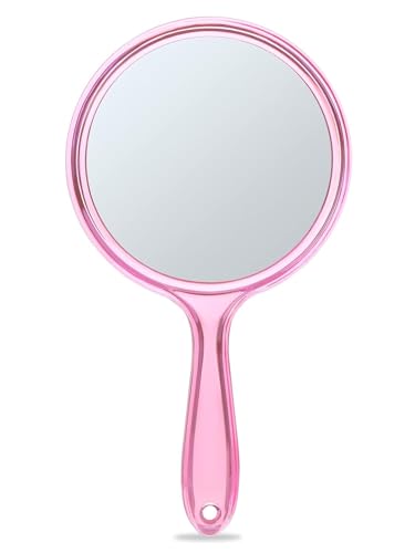 Image of Handheld Makeup Mirror with Magnification, for Desk Make Up, Magnifying Hand Held Mirror (TRANSPRENT Pink Mirror)