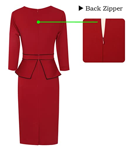 Image of VFSHOW Womens Pleated Crew Neck Peplum Slim Work Business Dress Elegant 3 /4 Sleeves Office Church Bodycon Pencil Sheath Dress