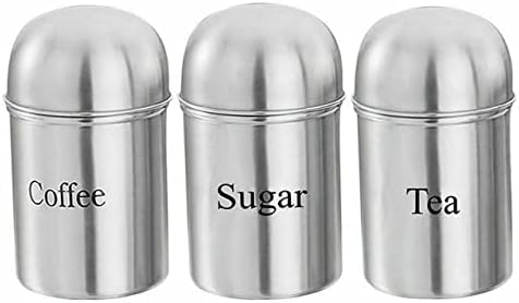 Tea Coffee Sugar Canisters With Airtight Lid - Set Of 3 Polished Stainless Steel Silver Grey Kitchen Storage Jars / Containers 300ml
