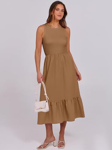 Image of ANRABESS Women Midi Dresses 2026 Summer Casual Sleeveless Sundress High Neck Tank Top Racerback Flowy Beach Dress ＆ Pockets