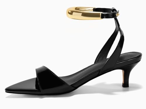 Coutgo Womens Low Kitten Heels Sandals Strappy Pointed Open Toe One Strap Metal Summer Dress Shoes4