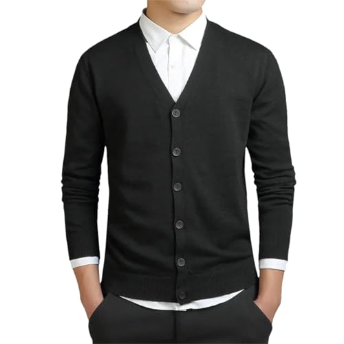 Men Cotton Sweater Long Sleeve Cardigan Mens V-Neck Loose Solid Button Fit Knitting Casual Sweaters Black