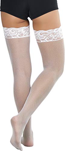 Image of ToBeInStyle Women's Wide Floral Lace Fishnet Thigh Hi Stockings