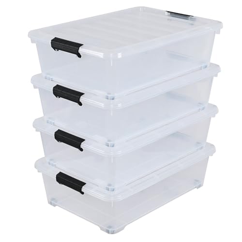 Xyskin 25 Qt Underbed Storage Bins with Wheels, 4-Pack Under Bed Container | Clear Plastic Rolling Containers Box with Latching Lids, Low-Profile Organizer for Clothes, Shoes, Bedding