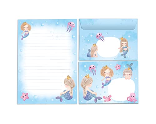 Juego de papel de carta para niña con diseño de sirena, bloc de cartas con sobre para niños (bloque A5 con 25 hojas + 15 sobres) Cover