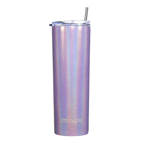 Ezprogear 20 oz 1 Pack Stainless Steel Glitter Violet Purple Slim Skinny Tumbler Travel Mug Vacuum Insulated with Straw (20 oz, Glitter Violet)