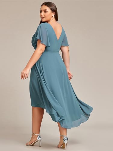 Image of Ever-Pretty Plus Summer Short Sleeves V-Neck Formal Wedding Guest Dresses for Curvy Women Chiffon Midi Cocktail Party Dress