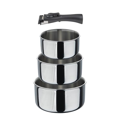 BERGNER- Set 4 pezzi casseruole salvaspazio con manico rimovibile in acciaio inox nero, antiaderente ILAG Essential, brillante, per tutte le cucine