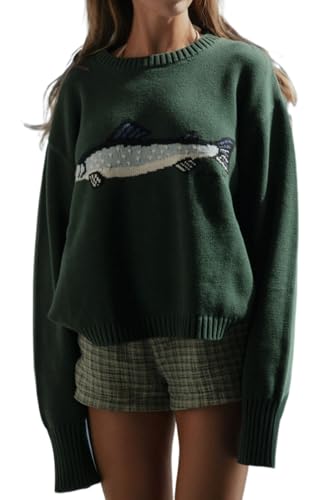 Y2k Fish Graphic Crochet Chunky Sweater Women Vintage Cottagecore Oversized Streetwear