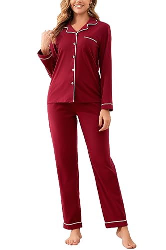 Image of 100% Cotton Pajama Sets for Women 2 Piece Long Sleeve Button Down Pjs Soft Comfy Ladies Sleepwear Lounge Sets S-XL