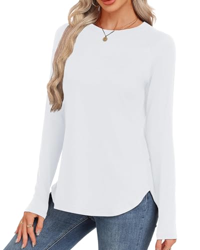 GAYHAY White Long Sleeve Shirts for Women Round Neck Shirts Side Split Basic Loose Tunic Tops Casual 2026
