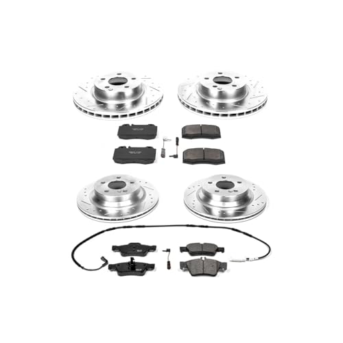 Image of PowerStop Front and Rear Brake Kit for Mercedes-Benz E350 2006 | Mercedes-Benz E500 2003-06 - Drilled and Slotted Disc Rotors with Carbon-Fiber Ceramic Brake Pads Replacement, K4521
