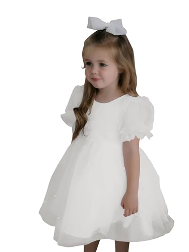 Pearl Tulle Flower Girl Dress for Wedding Puff Sleeves Satin Ball Gowns V Back Knee Length Princess Birthday Dress