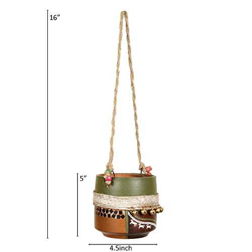 Image of AAKRITI ART CREATIONS Terracotta Hanging Planter | Jute Embellished Brown Earthen Design, Modern Art, Matte Finish | Decorative Hanging Pot for Indoor & Outdoor Home Decor