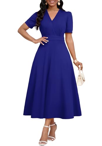 Image of MarryUP Women's Midi Dresses - V Neck Cocktail & Church Tea Dresses - Short Sleeve A-Line Swing Dress